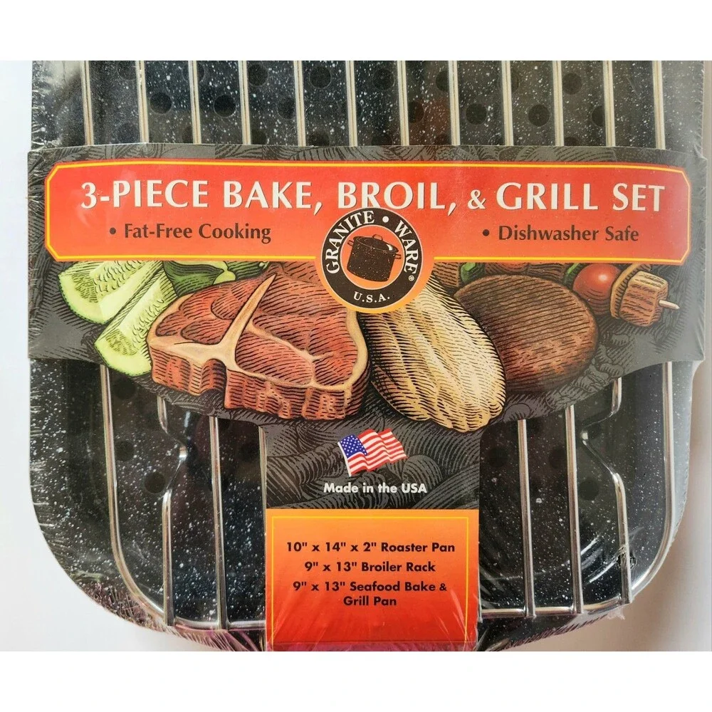 3 piece multiuse set. Enameled steel bake, broiler pan, and grill with rack. Ver